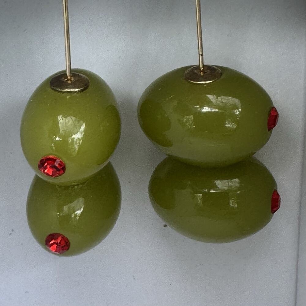 Piper K Olive Earrings Martini Olive Dangle Glass Stone Gold Tone NWT